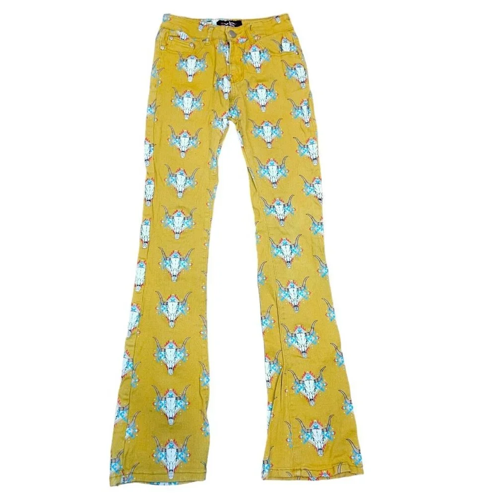 Fallon Taylor Western Steer Skull Jeans Bootcut Flare Mustard‎ Yellow 27 X 32